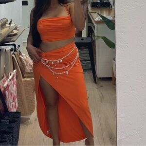 Vibrant Orange Midi Skirt with Beaded Detail